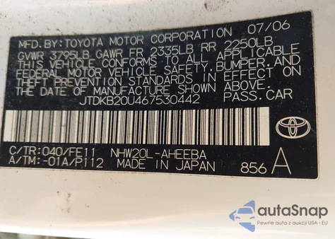 2006 Toyota Prius from USA, damaged, VIN JTDKB20U467530442